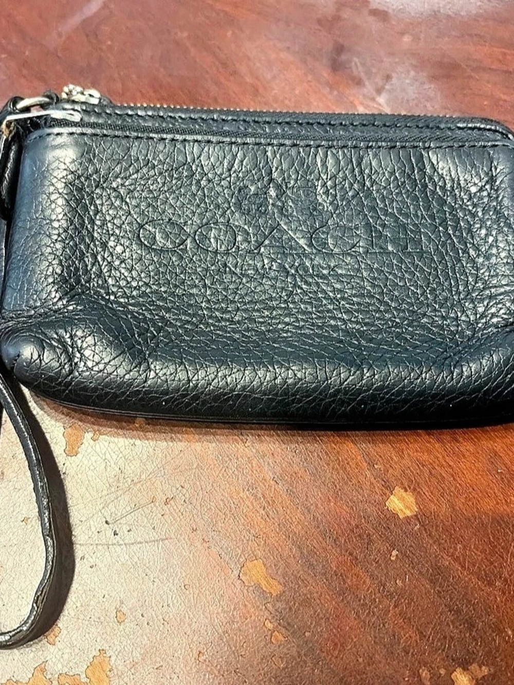 COACH Double Corner Zip Wristlet in Refined Pebble Leather Black